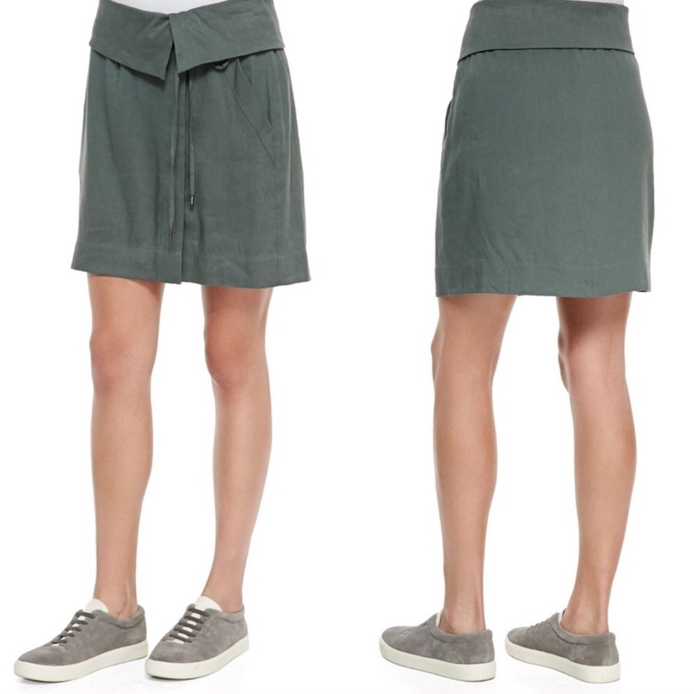 Vince Foldover Waistband Linen Skirt in Army Green
